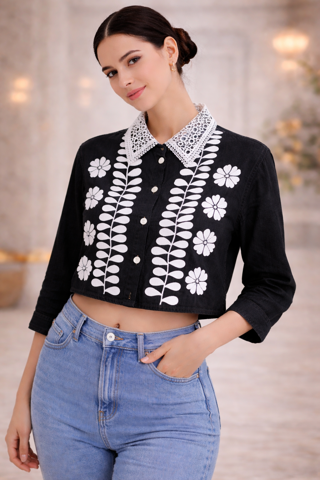 Women's Soft Denim Embroidered Crop Shirt
