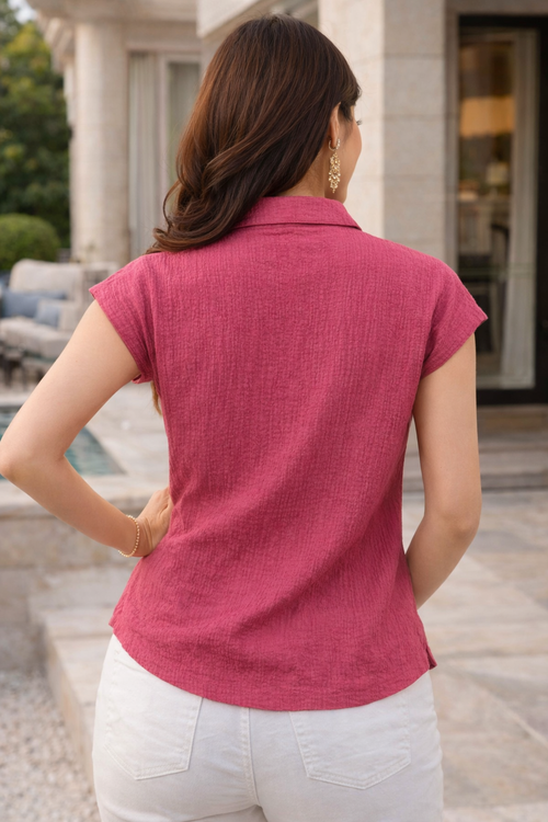 Solid Rose Pink Cap Sleeve Shirt | Casual Collared Button-Down Top
