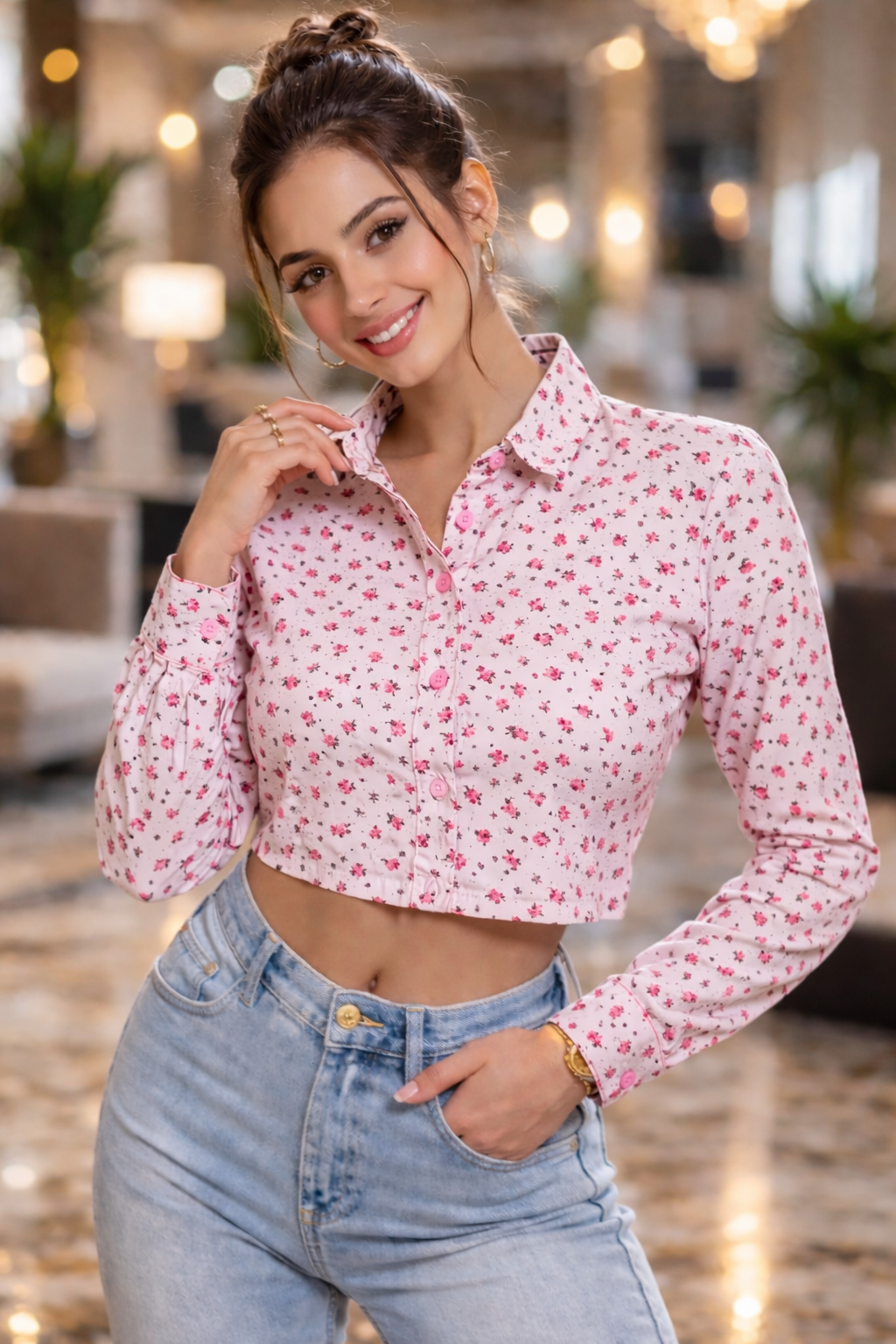 Pink Floral Print Full Sleeve Crop Shirt | Casual Button-Down Slim Fit Top