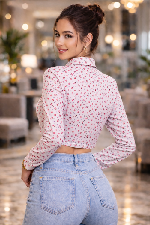Pink Floral Print Full Sleeve Crop Shirt | Casual Button-Down Slim Fit Top