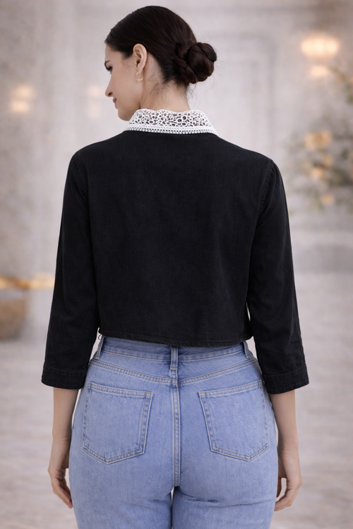 Women's Soft Denim Embroidered Crop Shirt