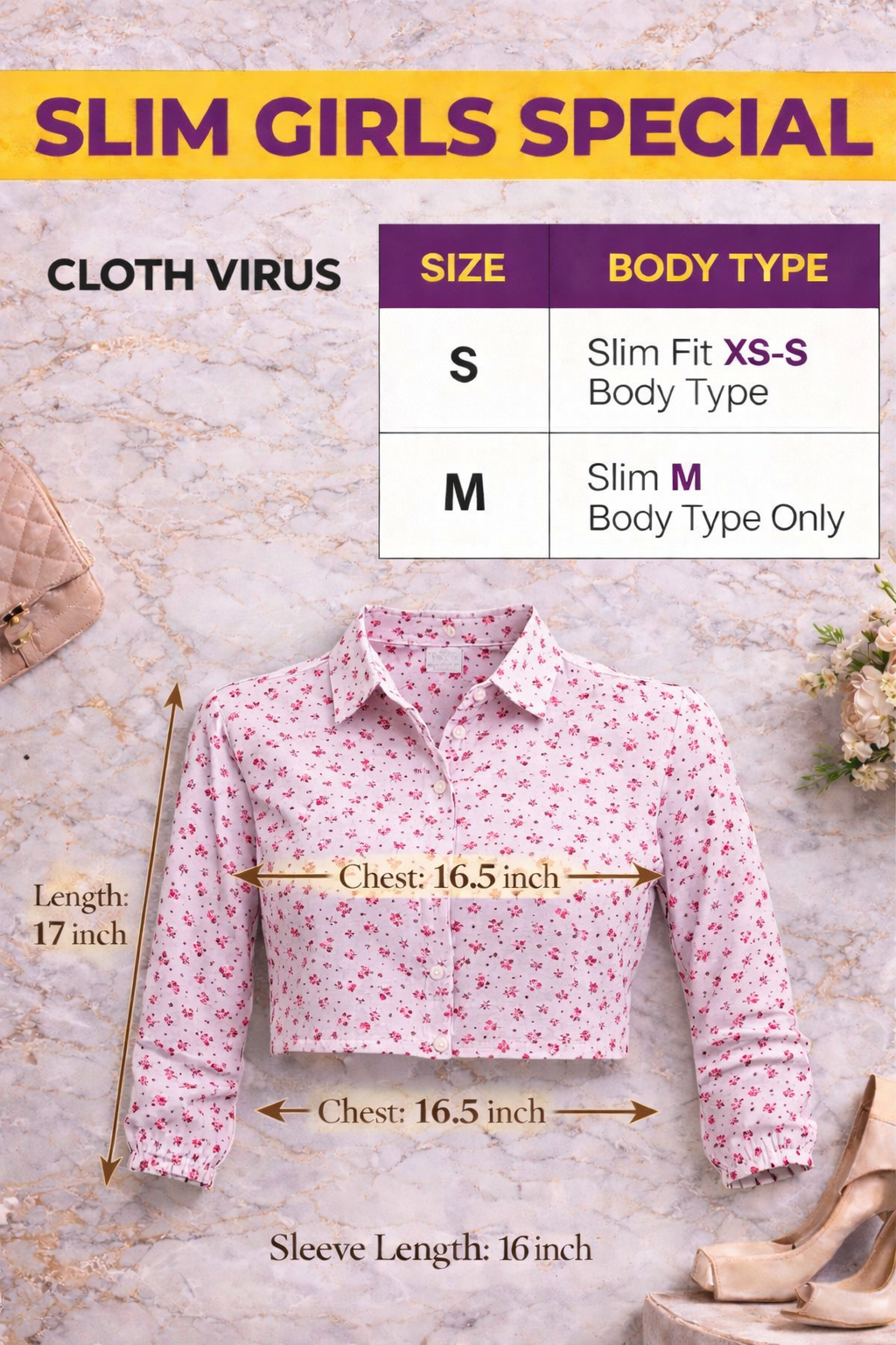 Pink Floral Print Full Sleeve Crop Shirt | Casual Button-Down Slim Fit Top